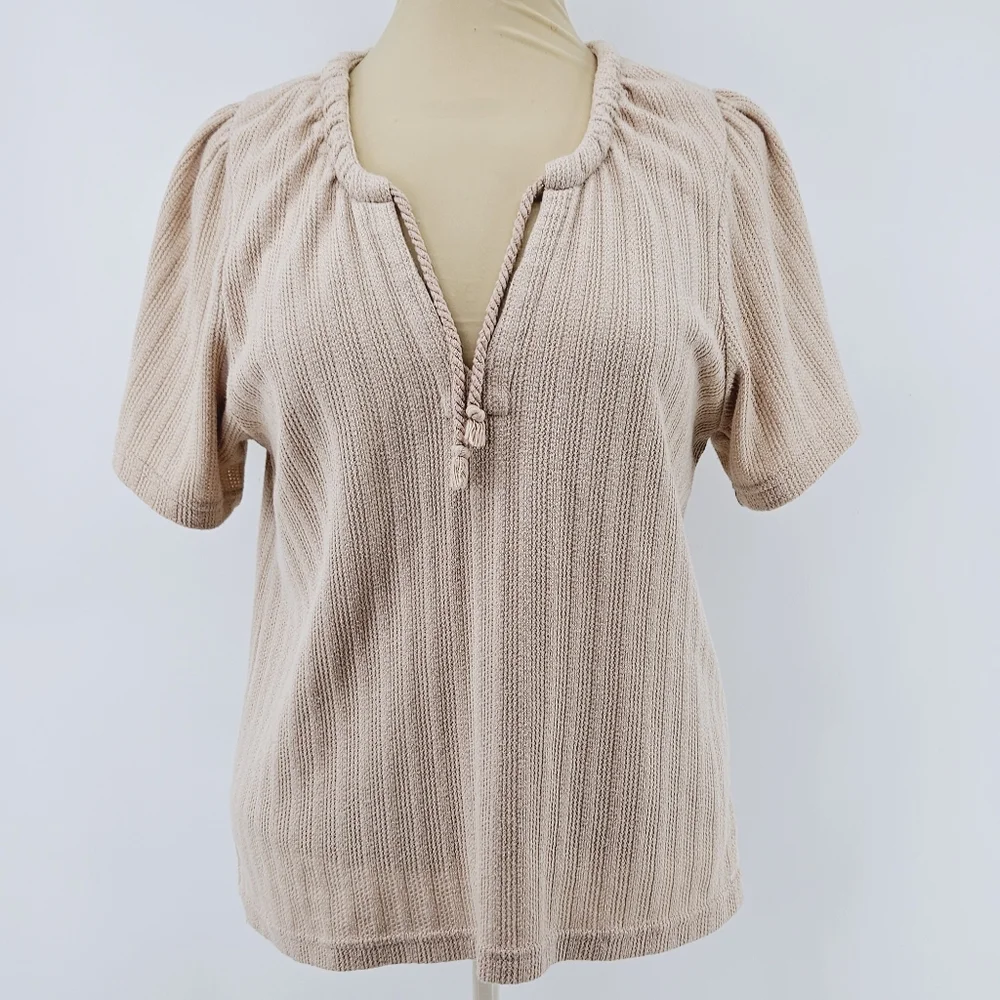 Madewell Pointelle Knit Tie Neck Top Blush Pink Puff Sleeve Small